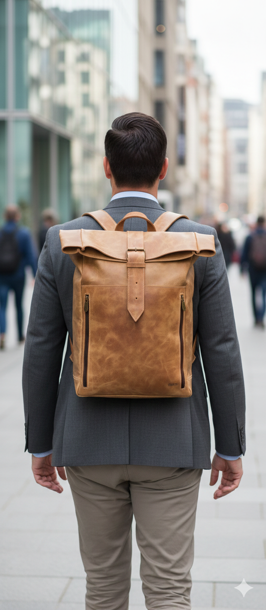 Mochila | Roll Top | Cuero | Café Claro | Rústica