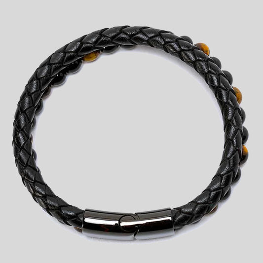 Pulsera | Piedra y Cuero | Broche Elegante | Ojo de Tigre (21 cm)