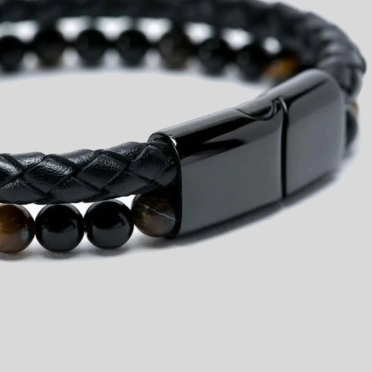 Pulsera | Piedra y Cuero | Broche Elegante | Ojo de Tigre (21 cm)