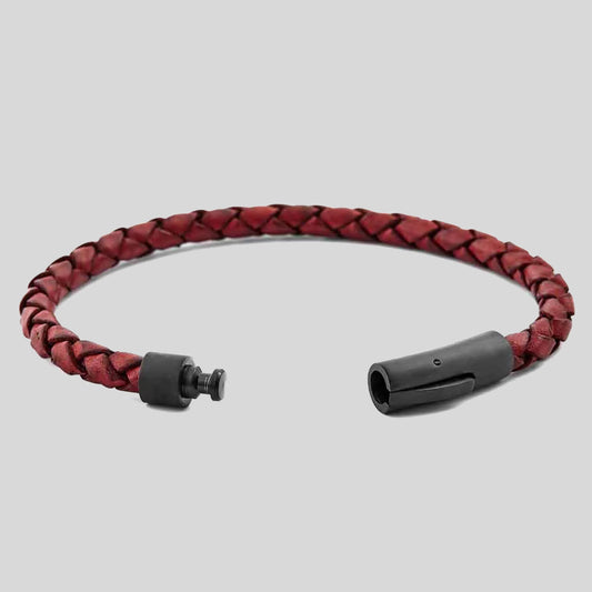 Pulsera | Cuero Trenzado Rojo | Broche de Acero a Presión (18 cm)