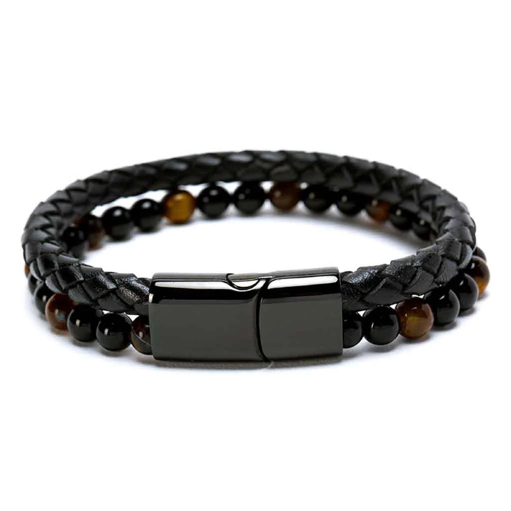 Pulsera De Piedra y Cuero con Broche Elegante - Ojo de Tigre (21 cm)