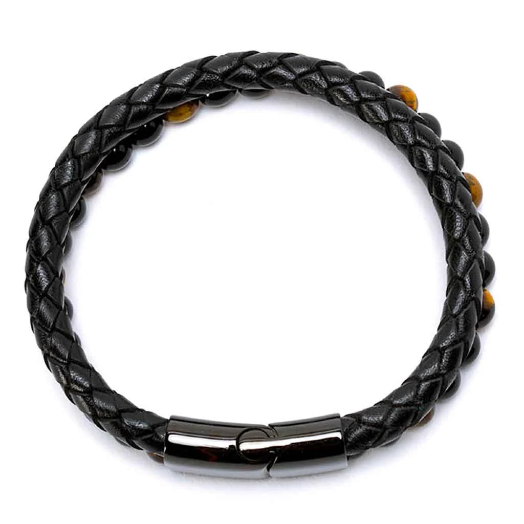 Pulsera De Piedra y Cuero con Broche Elegante - Ojo de Tigre (21 cm)