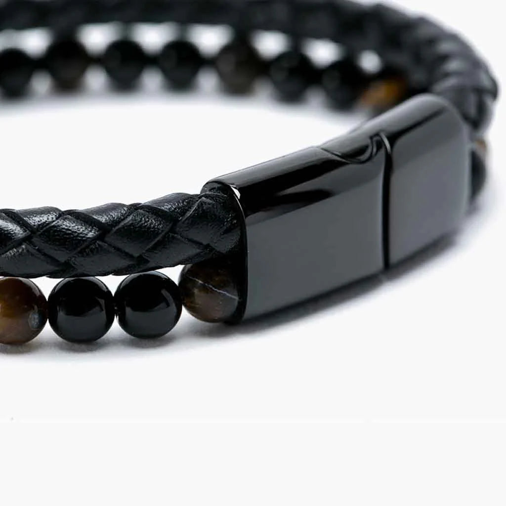 Pulsera De Piedra y Cuero con Broche Elegante - Ojo de Tigre (21 cm)