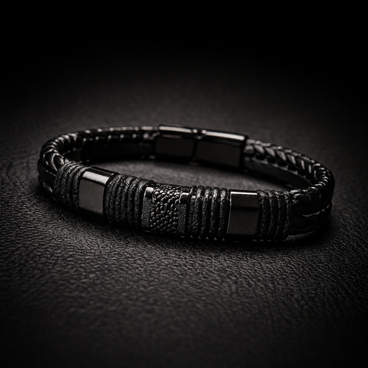 Pulsera | Doble Cuero Trenzado Negro | Broche de Acero Magnético (21 cm)