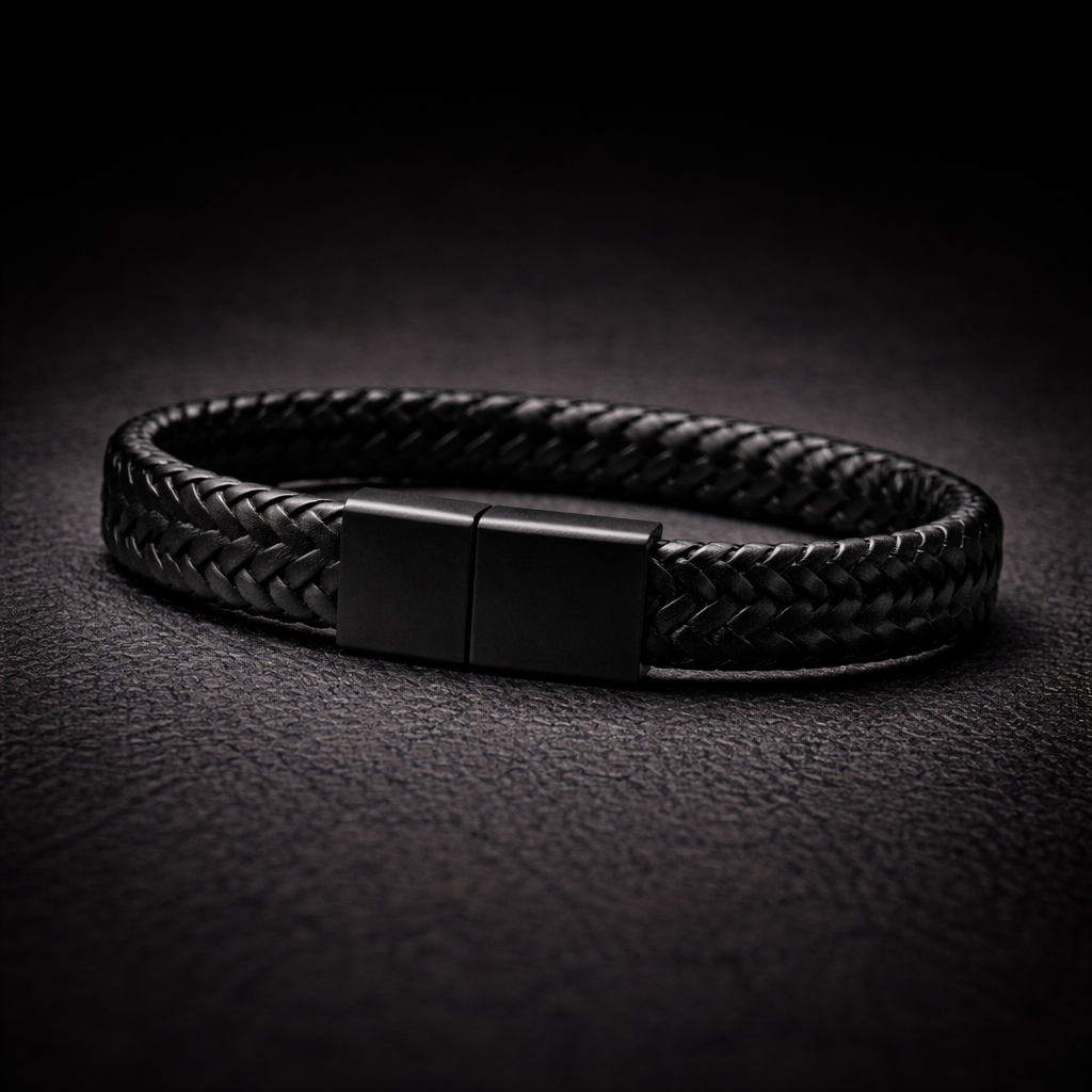 Pulsera | Cuero Trenzado Negro | Broche de Acero Magnético (21 cm)
