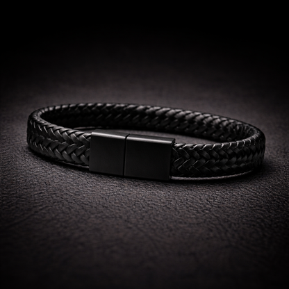 Pulsera | Cuero Trenzado Negro | Broche de Acero Magnético (21 cm)