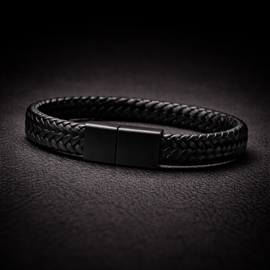 Pulsera | Cuero Trenzado Negro | Broche de Acero Magnético (21 cm)