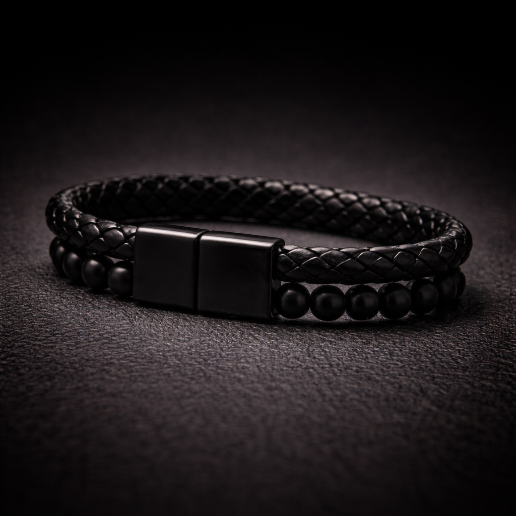 Pulsera | Piedra y Cuero Negro | Broche Magnético Elegante | Ojo de Tigre (21 cm)