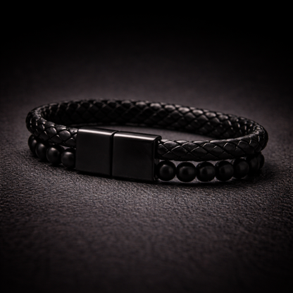 Pulsera | Piedra y Cuero Negro | Broche Magnético Elegante | Ojo de Tigre (21 cm)
