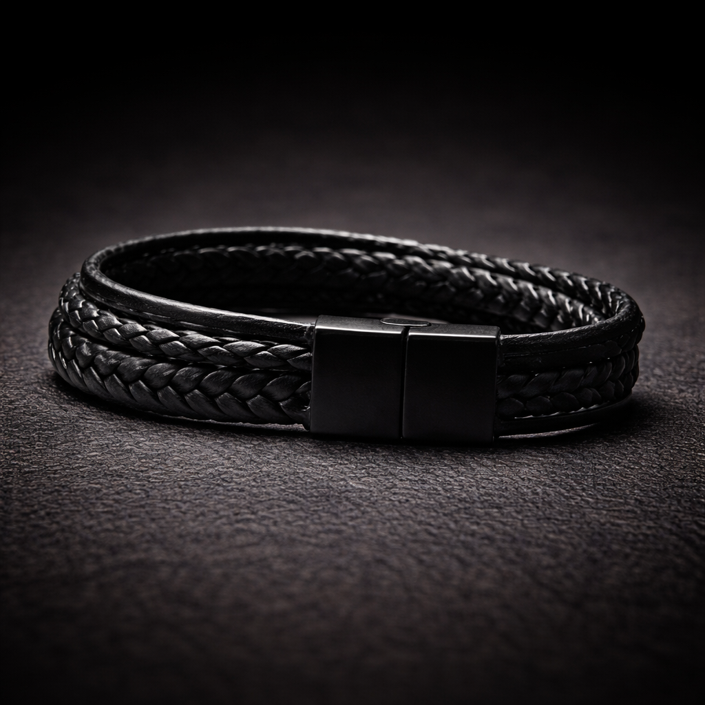 Pulsera | Multicapa de Cuero Negro | Broche de Acero Magnético (21 cm)