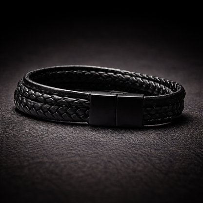 Pulsera | Multicapa de Cuero Negro | Broche de Acero Magnético (21 cm)