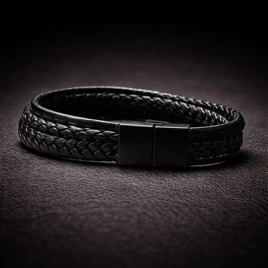 Pulsera | Multicapa de Cuero Negro | Broche de Acero Magnético (21 cm)