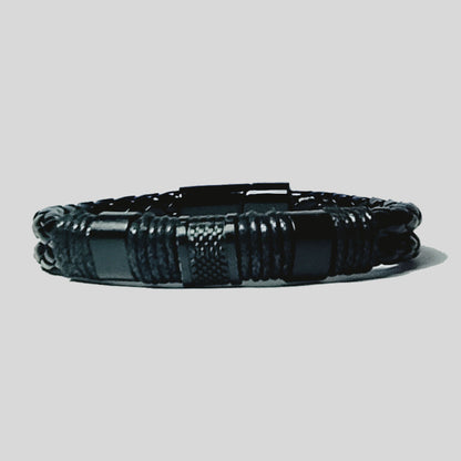 Pulsera | Doble Cuero Trenzado Negro | Broche de Acero Magnético (21 cm)