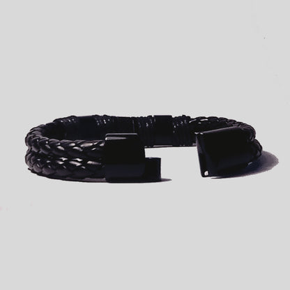 Pulsera | Doble Cuero Trenzado Negro | Broche de Acero Magnético (21 cm)