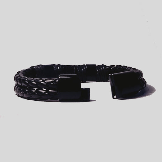 Pulsera | Doble Cuero Trenzado Negro | Broche de Acero Magnético (21 cm)