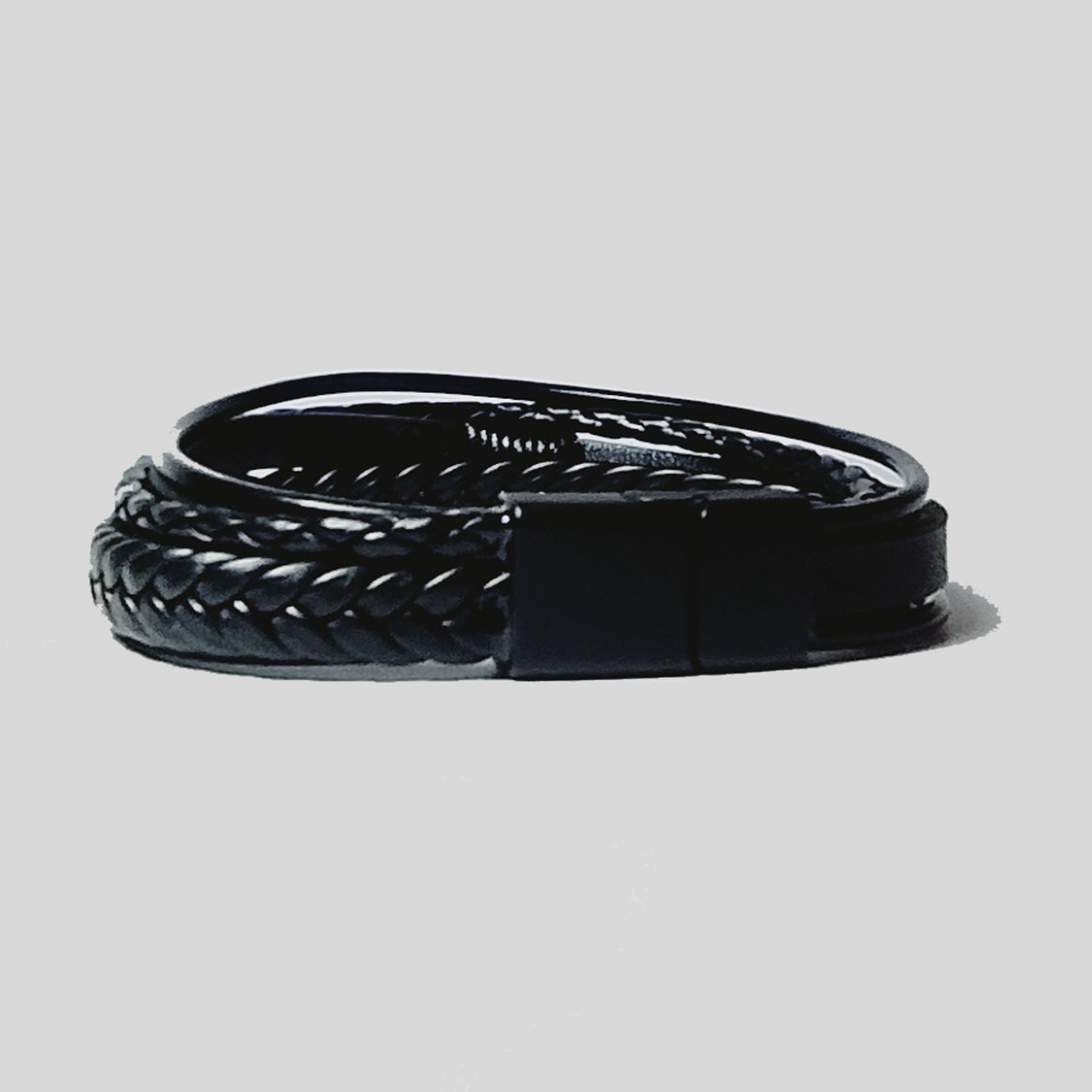 Pulsera | Multicapa de Cuero Negro | Broche de Acero Magnético (21 cm)