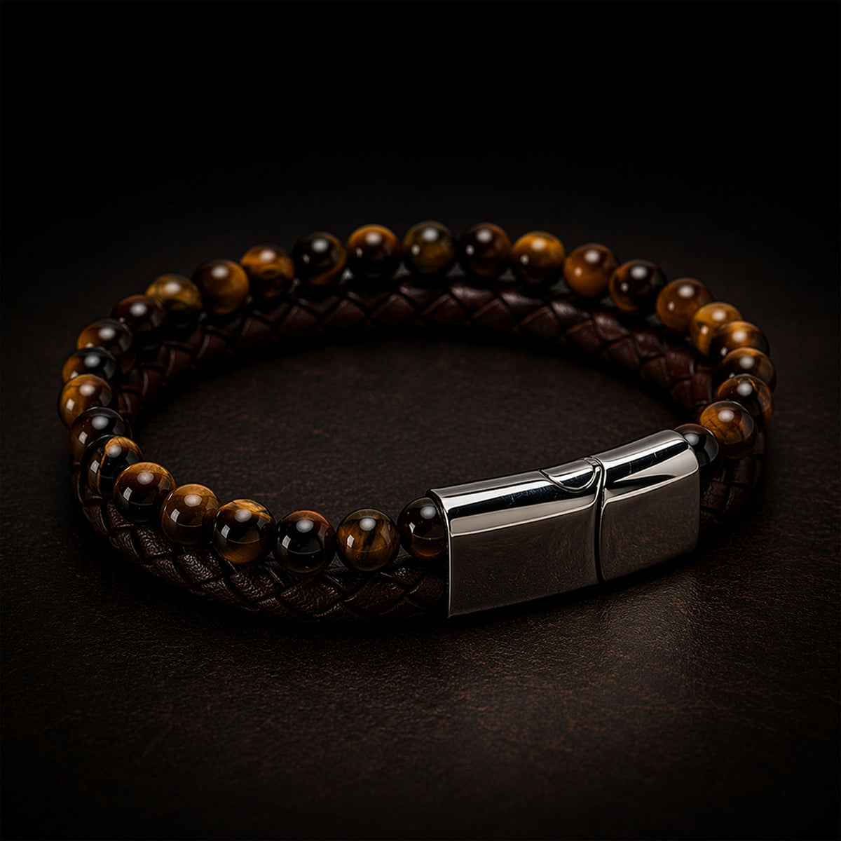 Pulsera | Piedra Brillante | Cuero Café (21 cm)