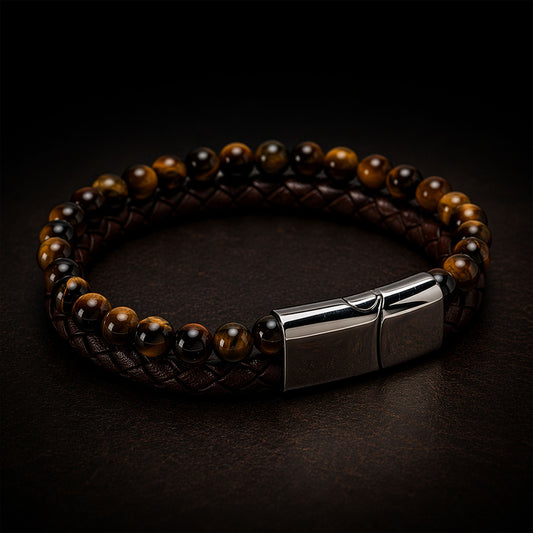 Pulsera | Piedra Brillante | Cuero Café (21 cm)