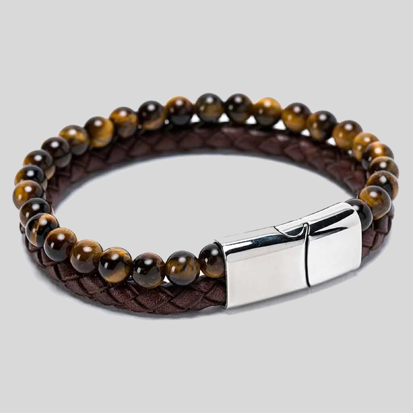 Pulsera | Piedra Brillante | Cuero Café (21 cm)