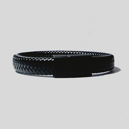 Pulsera | Cuero Trenzado Negro | Broche de Acero Magnético (21 cm)