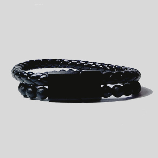 Pulsera | Piedra y Cuero Negro | Broche Magnético Elegante | Ojo de Tigre (21 cm)