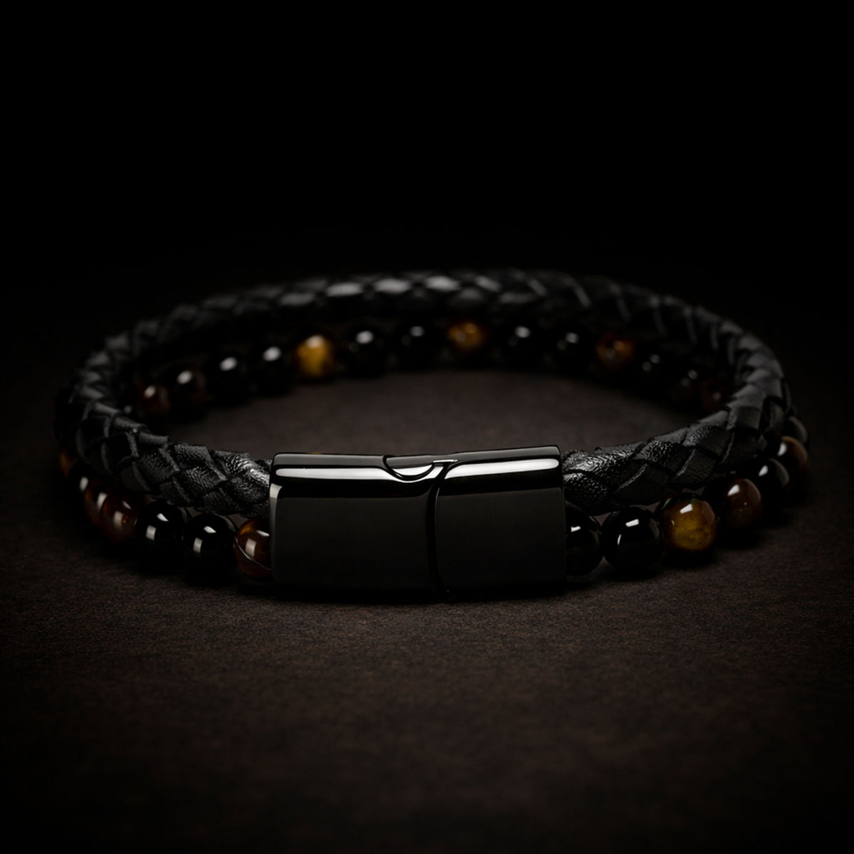 Pulsera | Piedra  y Cuero | Broche Elegante | Ojo de Tigre (21 cm)