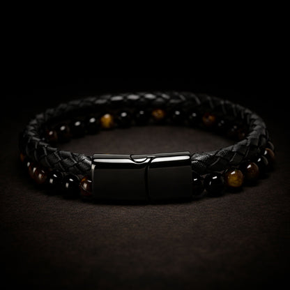 Pulsera | Piedra  y Cuero | Broche Elegante | Ojo de Tigre (21 cm)