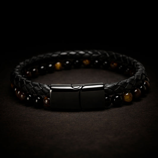 Pulsera | Piedra  y Cuero | Broche Elegante | Ojo de Tigre (21 cm)