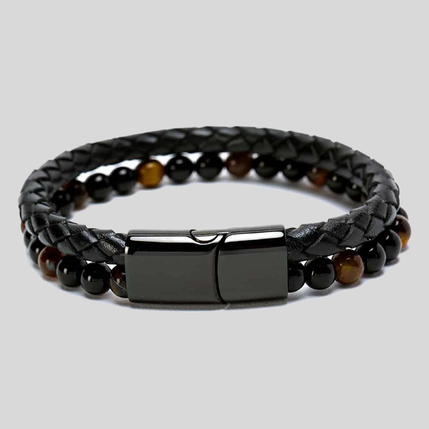 Pulsera | Piedra  y Cuero | Broche Elegante | Ojo de Tigre (21 cm)