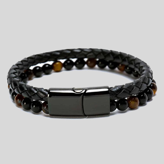 Pulsera | Piedra  y Cuero | Broche Elegante | Ojo de Tigre (21 cm)