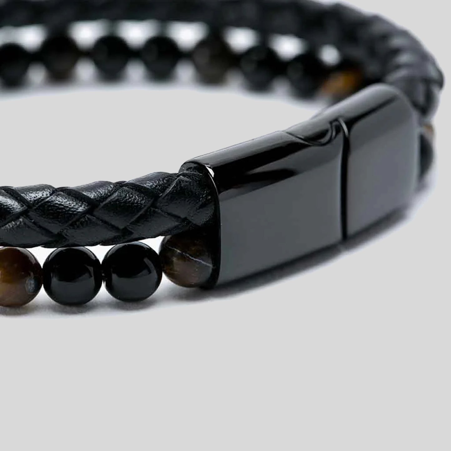 Pulsera | Piedra  y Cuero | Broche Elegante | Ojo de Tigre (21 cm)