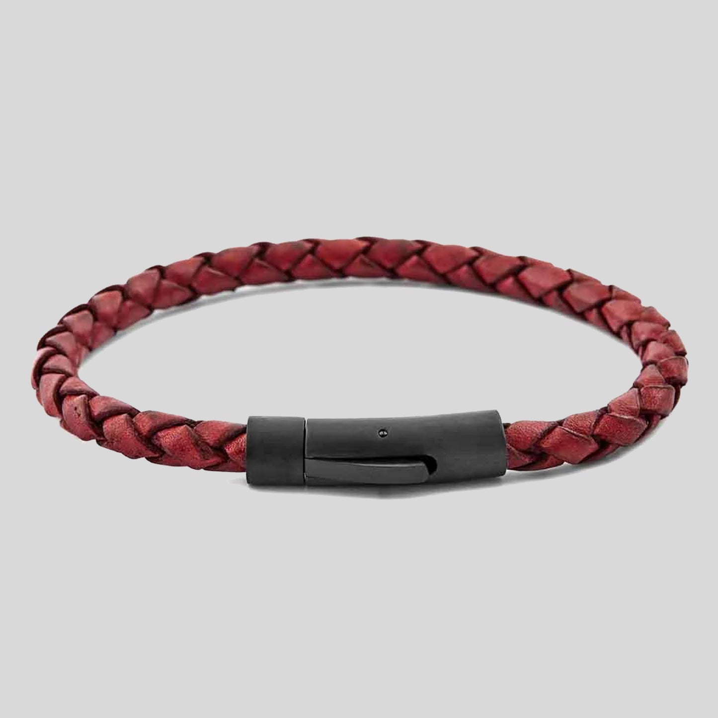 Pulsera | Cuero Trenzado Rojo | Broche de Acero a Presión (17 cm)