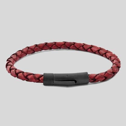 Pulsera | Cuero Trenzado Rojo | Broche de Acero a Presión (17 cm)