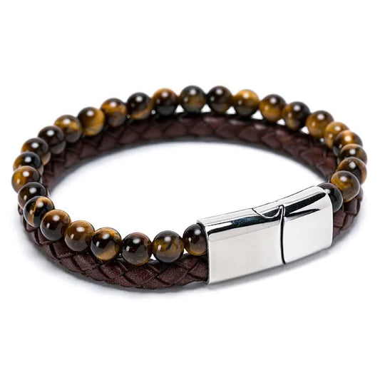 Pulsera Piedra Brillante y Cuero Café Hombre - Millam (21 cm)
