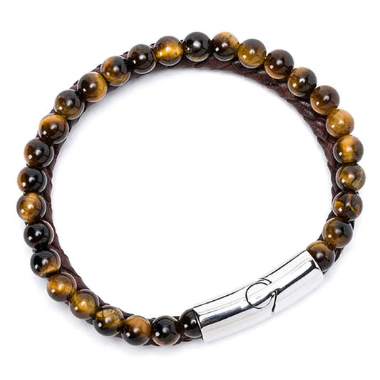 Pulsera Piedra Brillante y Cuero Café Hombre (21 cm)