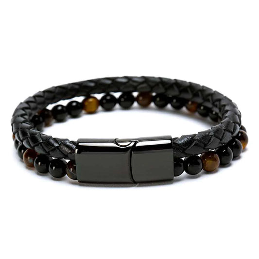 Pulsera De Piedra  y Cuero con Broche Elegante - Ojo de Tigre - Millam (21 cm)