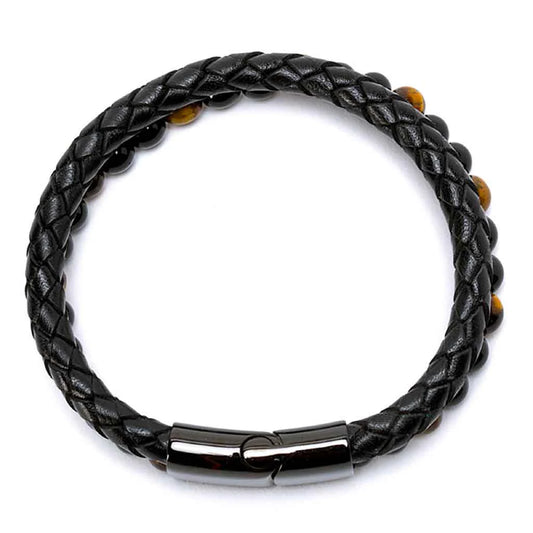 Pulsera De Piedra  y Cuero con Broche Elegante - Ojo de Tigre - Millam (21 cm)